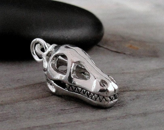 Silver Dinosaur Skull Charm, 3D Dinosaur Fossil Charm, Dinosaur Charm, Tyrannosaurus Rex Charm, 3D T-Rex Charm, Dinosaur Head Charm