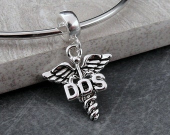 Silver DDS Caduceus Dangle Charm, Dentist Symbol Charm, DDS Symbol Charm, Dentist Dangle Charm, Large Hole Bead, Big Hole Bead, Dentist Gift