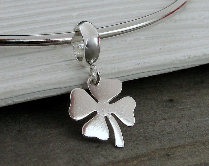 Four Leaf Clover European Charm, 925 Sterling Silver Luck Clover Dangle Charm, Shamrock Charm with Bail, Good Luck Charm, Good Luck Gift