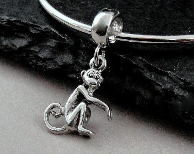 Spider Monkey European Charm, Silver Monkey Dangle Charm, Primate Charm, Jungle Charm, Primate Charm, Large Hole Bead, Monkey Gift Jewelry