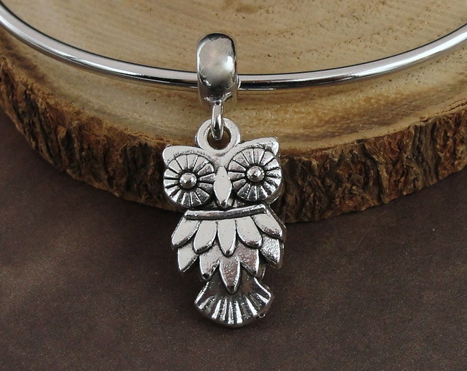 Silver Owl Dangle Charm, Bird Charm, Night Creature Charm, Owl Dangle Charm, Owl Bracelet Charm, Large Hole Bead, Big Hole Bead