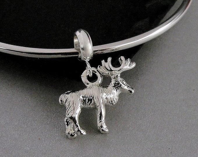 Reindeer European Charm, Silver Moose Dangle Charm, Moose Charm with Bail, Snake Bracelet Charm, Large Hole Bead, Christmas Charm Jewelry