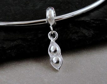 925 Sterling Silver Peapod Dangle Bead Charm, Two Peas in a Pod European Charm, Friendship Charm, Bracelet Charm, Large Hole Bead