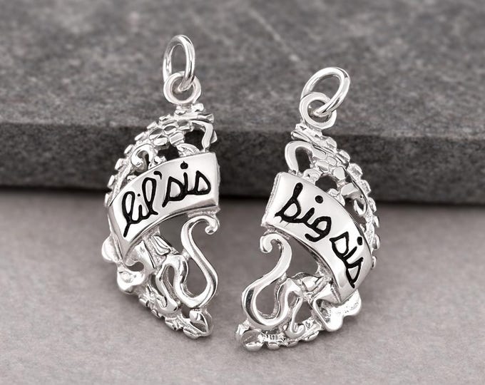 925 Sterling Silver Little Sister / Big Sister Charms, Lil Sis / Big Sis Charm Set, Matching Sister Charms, Sister Charms that Fit Together