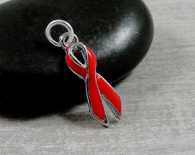 CLOSEOUT - Red Awareness Ribbon Charm, Silver and Red Awareness Ribbon Pendant, HIV/AIDS Heart Disease Awareness Charm, Necklace Charm