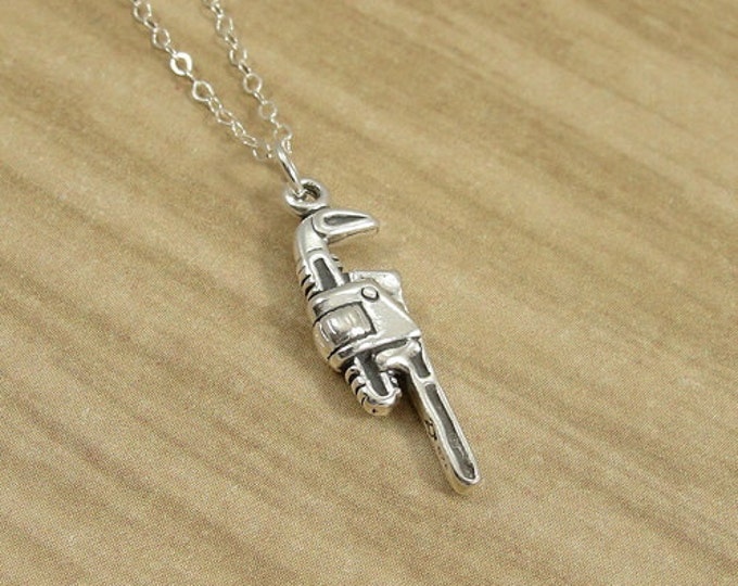 Pipe Wrench Necklace, Sterling Silver Monkey Pipe Wrench Charm on a Silver Cable Chain