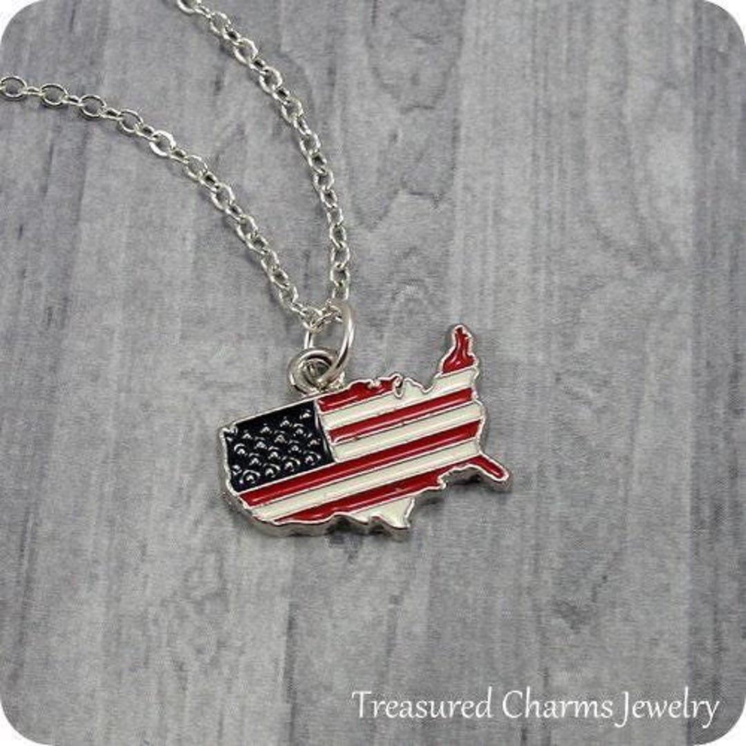 USA Shaped Flag Necklace, Silver United States Flag Charm on a