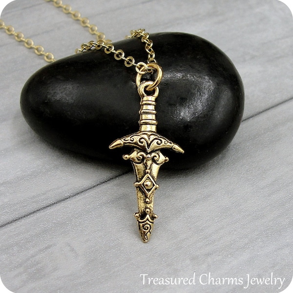 Medieval Sword Necklace, Gold Ornate Sword Charm Necklace, Excalibur Sword Charm, King Arthur Sword Necklace, Knight's Sword Charm Jewelry