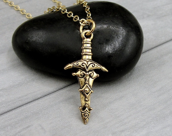 Medieval Sword Necklace, Gold Ornate Sword Charm Necklace, Excalibur Sword Charm, King Arthur Sword Necklace, Knight's Sword Charm Jewelry