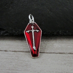 Red Coffin Charm, SIlver and Red Enamel Coffin Charm, Vampire Goth Charm, Casket Charm, Halloween Jewelry, Necklace Charm, Bracelet Charm