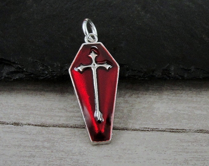 Red Coffin Charm, SIlver and Red Enamel Coffin Charm, Vampire Goth Charm, Casket Charm, Halloween Jewelry, Necklace Charm, Bracelet Charm