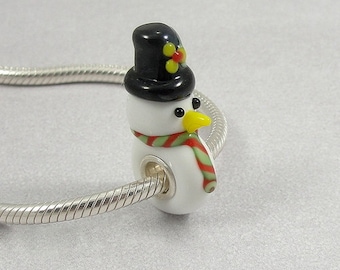 Snowman Large Hole Lampwork Glass Bead - 925 Sterling Silver European Bead Charm