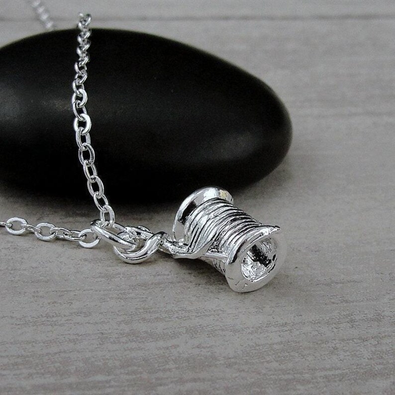Sewing Necklace, Silver Plated Spool of Thread Charm Necklace, Spool of Thread Charm, Sewing Charm, Sewing Gift, Sewing Jewelry image 3