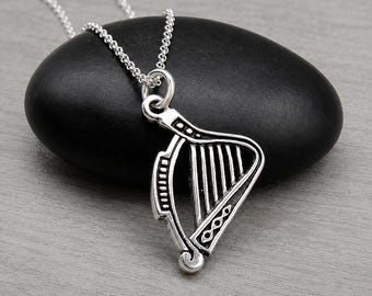 Harp Necklace, 925 Sterling Silver Harp Charm Necklace, Lyre Charm Necklace, Musical Instrument Charm, Harpist Gift, Harp Player Gift