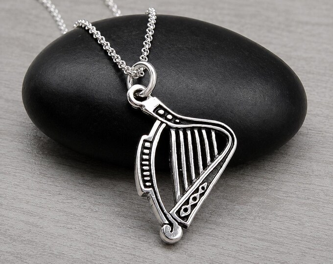 Harp Necklace, 925 Sterling Silver Harp Charm Necklace, Lyre Charm Necklace, Musical Instrument Charm, Harpist Gift, Harp Player Gift