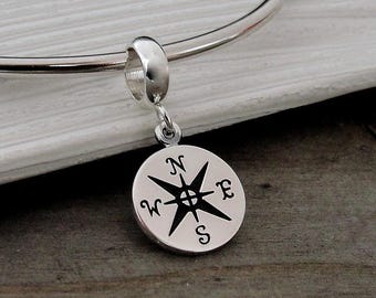 Compass European Charm, 925 Sterling Silver Compass Dangle Charm, Compass Charm with Bail, Snake Bracelet Charm, Large Hole Bead