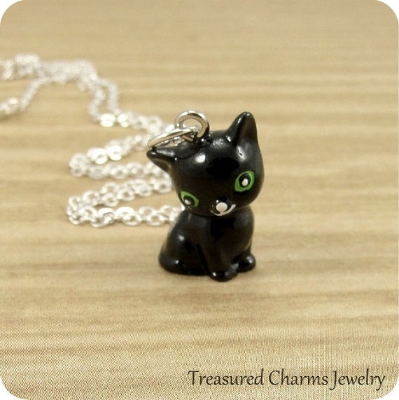 Black Cat Necklace Black Cat Charm on a Silver Cable Chain Etsy UK