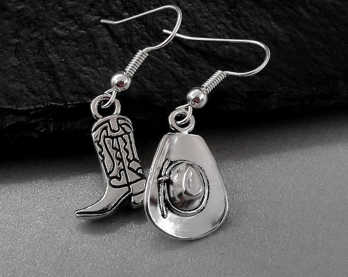 Silver Cowboy Earrings, Cowboy Boot Earrings, Cowboy Hat Earrings, Cowboy Charms, Country Western Earrings, Cowgirl Earrings, Cowboy Jewelry