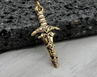 Medieval Sword Charm, Gold Ornate Sword Charm for Necklace, Dagger Charm, Excalibur Sword Charm, Pirate Sword Charm, Knight's Sword Jewelry