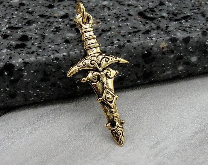 Medieval Sword Charm, Gold Ornate Sword Charm for Necklace, Dagger Charm, Excalibur Sword Charm, Pirate Sword Charm, Knight's Sword Jewelry