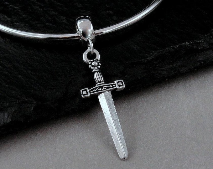 Dagger European Charm, Silver Longsword Dangle Charm, Pirate Sword Charm, Medieval Dagger Charm, Sword Large Hole Bead