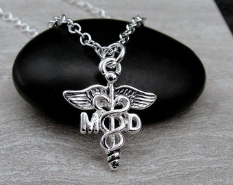 MD Caduceus Necklace, Silver Medical Doctor Symbol Necklace, MD Charm, MD Necklace, Doctor Charm, Doctor Gift, Doctor Jewelry