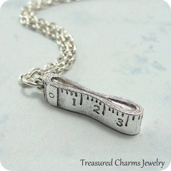 Measuring Tape Necklace, Silver Tape Measure Charm on a Silver Cable Chain
