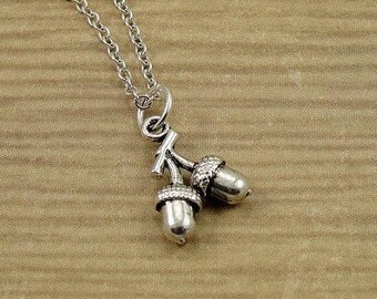 Acorns on Branch Necklace, Silver Plated Acorns on Branch Charm on a Silver Cable Chain