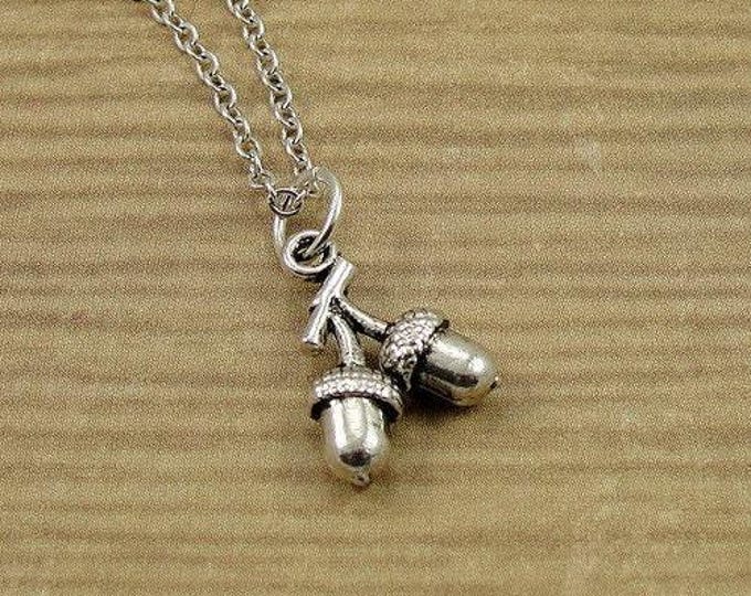Acorns on Branch Necklace, Silver Plated Acorns on Branch Charm on a Silver Cable Chain