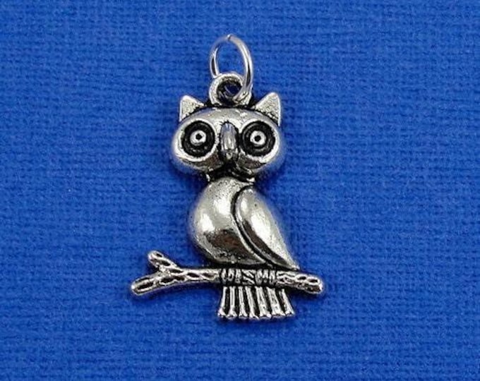 Owl on Branch Charm - Silver Plated Owl Charm for Necklace or Bracelet
