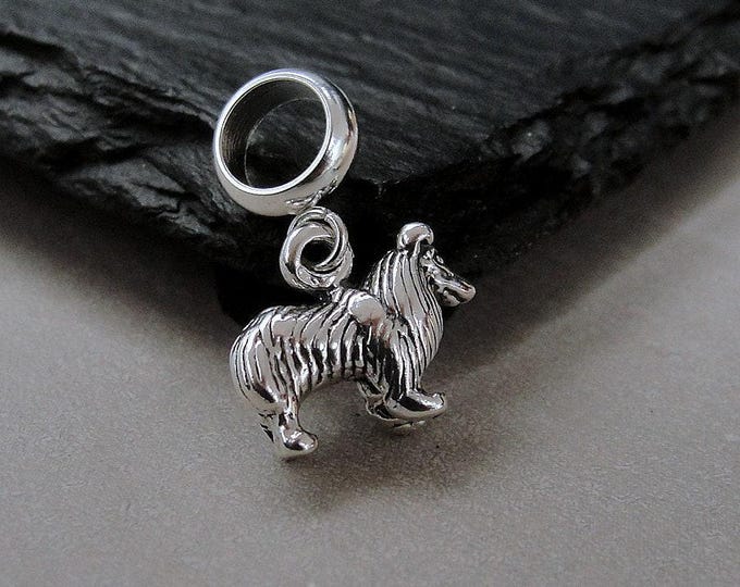 925 Sterling Silver Miniature Collie Dangle Bead Charm, Tiny Collie European Charm, Sheltie Dog Charm, Bracelet Charm, Large Hole Bead