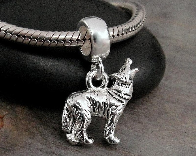 Wolf European Charm, Silver Wolf Dangle Charm, Howing Coyote Charm with Bail, 3D Howling Wolf Charm, Snake Bracelet Charm, Large Hole Bead