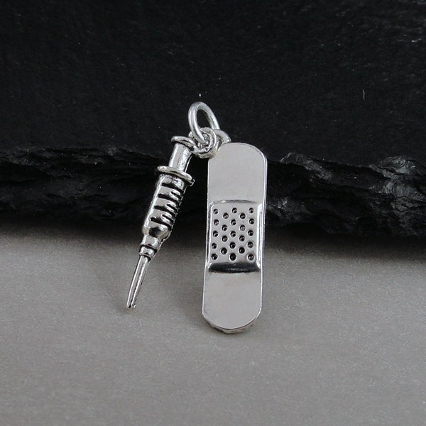 Silver COVID-19 Vaccine Charm, Bandage and Syringe Charm, Vaxxed Jewelry, Vaccinated Charm, Corona Virus Charm, Pro-Vaccine Jewelry Gift