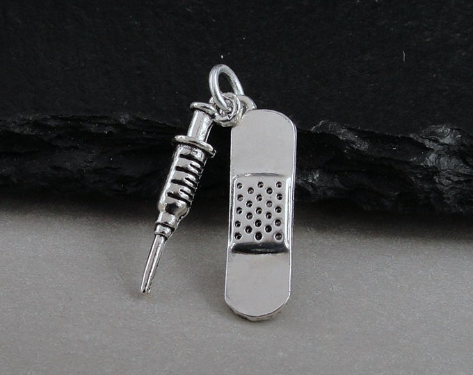 Silver COVID-19 Vaccine Charm, Bandage and Syringe Charm, Vaxxed Jewelry, Vaccinated Charm, Corona Virus Charm, Pro-Vaccine Jewelry Gift