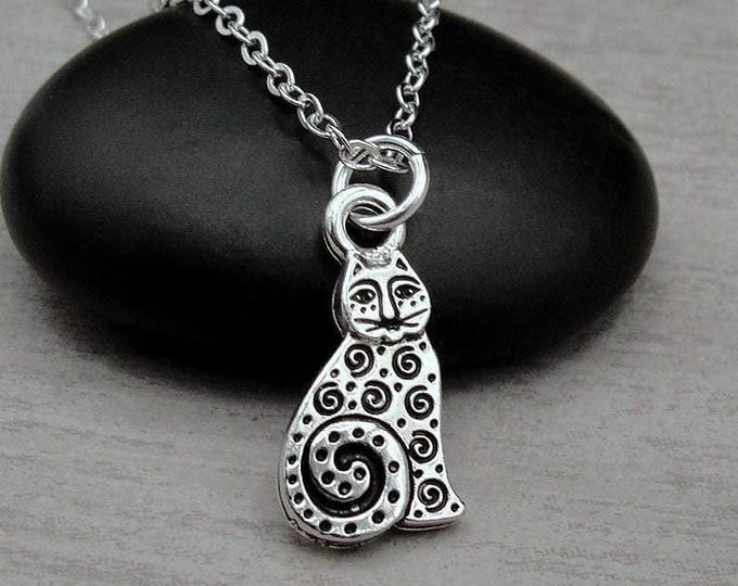 Spotted Cat Necklace, Silver Plated Abstract Swirly Cat Necklace, Art Deco Cat Charm, Artsy Tabby Cat Charm Necklace, Gift for Cat Lover