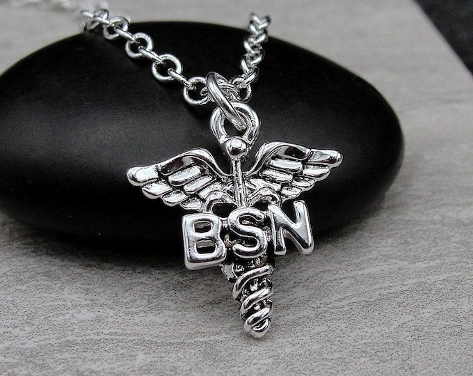 BSN Necklace, Silver BSN Nurse Charm Necklace, BSN Caduceus Symbol Necklace, Bachelor of Science Nursing Charm, Registered Nurse Gift