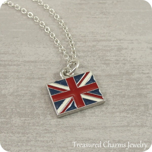 British Flag Necklace, Silver British Flag Charm on a Silver Cable Chain