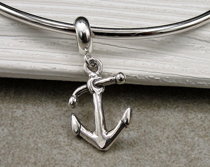 Anchor European Charm, Sterling Silver Anchor Dangle Charm, Anchor Charm with Bail, Nautical Charm, Snake Bracelet Charm, Large Hole Bead