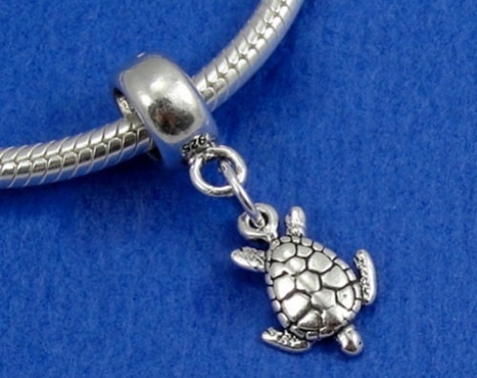 Tiny Sea Turtle European Dangle Bead Charm - Sterling Silver Sea Turtle Charm for European Bracelet