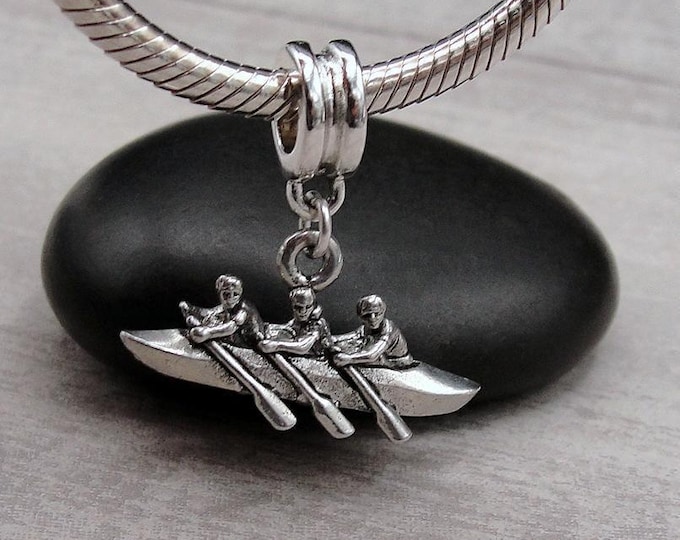 Rowboat European Charm, Silver 3D Row Boat Dangle Charm, Rowing Charm with Bail, Canoe Charm, 3D Boat Charm, Rowboat Large Hole Bead