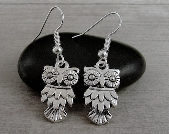 Owl Earrings, Silver Plated Owl Dangle Drop Earrings on French Earwires, Night Bird Earrings, Feathered Owl Drop Earrings, Owl Gift Jewelry