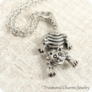 Striped Cheshire Cat Necklace, Silver Plated Cheshire Cat Charm on a Silver Cable Chain