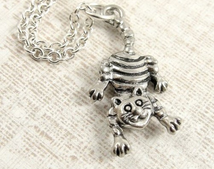 Striped Cheshire Cat Necklace, Silver Plated Cheshire Cat Charm on a Silver Cable Chain