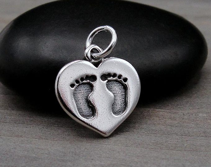 Baby Footprints in Heart Charm, 925 Sterling Silver Heart with Baby Feet Necklace Charm, Baby Shower Gift, Footprints on Heart Charm