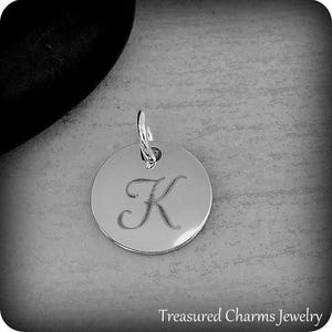 Stainless Steel Letter K Charm, Silver Engraved Letter K Round Disc Initial Charm, Cursive K Charm, Engraved Alphabet Script Font Pendant