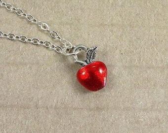 Tiny Red Apple Necklace, Silver Plated Red Apple Charm on a Silver Cable Chain