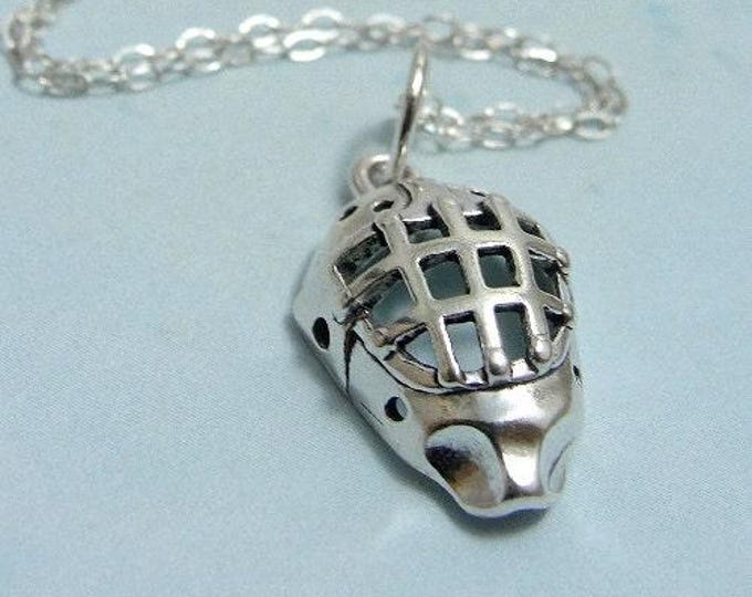 Hockey Goalie Mask Necklace, Sterling Silver Hockey Mask Charm on a Silver Cable Chain