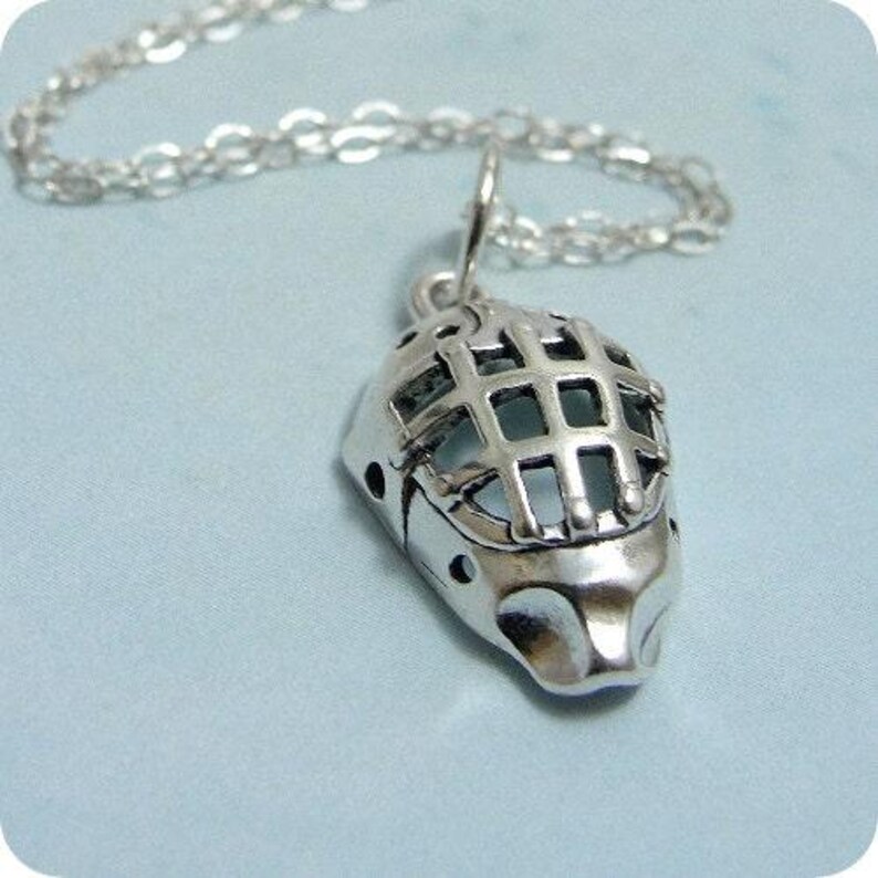 Hockey Goalie Mask Necklace, Sterling Silver Hockey Mask Charm on a Silver Cable Chain image 1