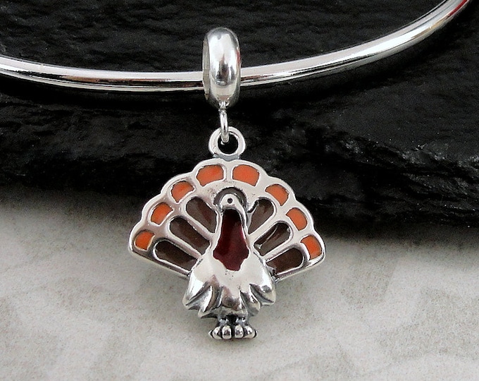Sterling Silver Turkey European Dangle Bead Charm, Turkey Charm, Thanksgiving Charm, Large Hole Bead, Big Hole Bead, Thanksgiving Jewelry
