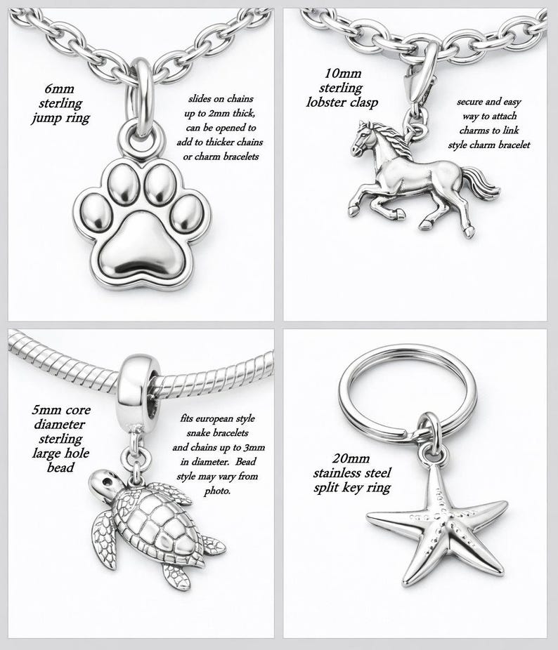 The image is a collage of four different charms, each with unique designs and sizes. The charms include a lobster clasp, a key ring, a turtle, and a starfish.